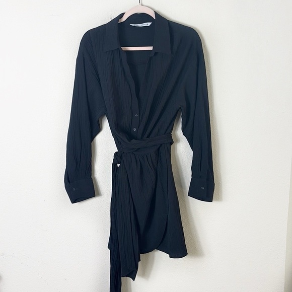 Zara Black Collared V-Neck Long Sleeve Mini Wrap Dress  size XL - Picture 3 of 10